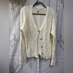 Talbots Cotton Cable Knit Button Up Fisherman Cream Large Sweater Cardigan